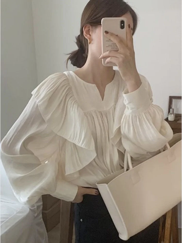 

Blouse Korean Chic Design Sense Temperament Ruffle Pleated Shirt Women Spring Autumn New Super Fairy Bubble Sleeve Top