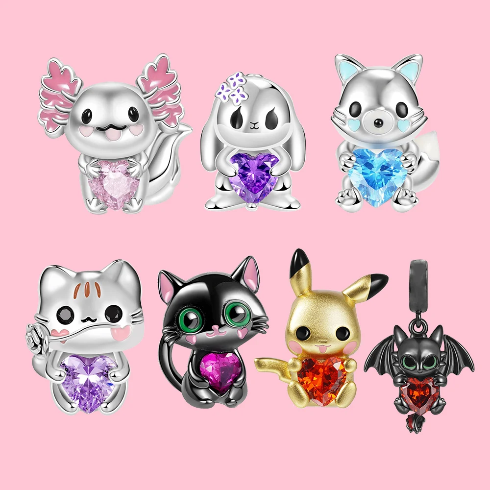 ChimS925-Pendentif en forme d'animaux mignons en argent pour femme, perles de diamant en forme de cœur, bracelet de personnalité bricolage, cadeau de fête