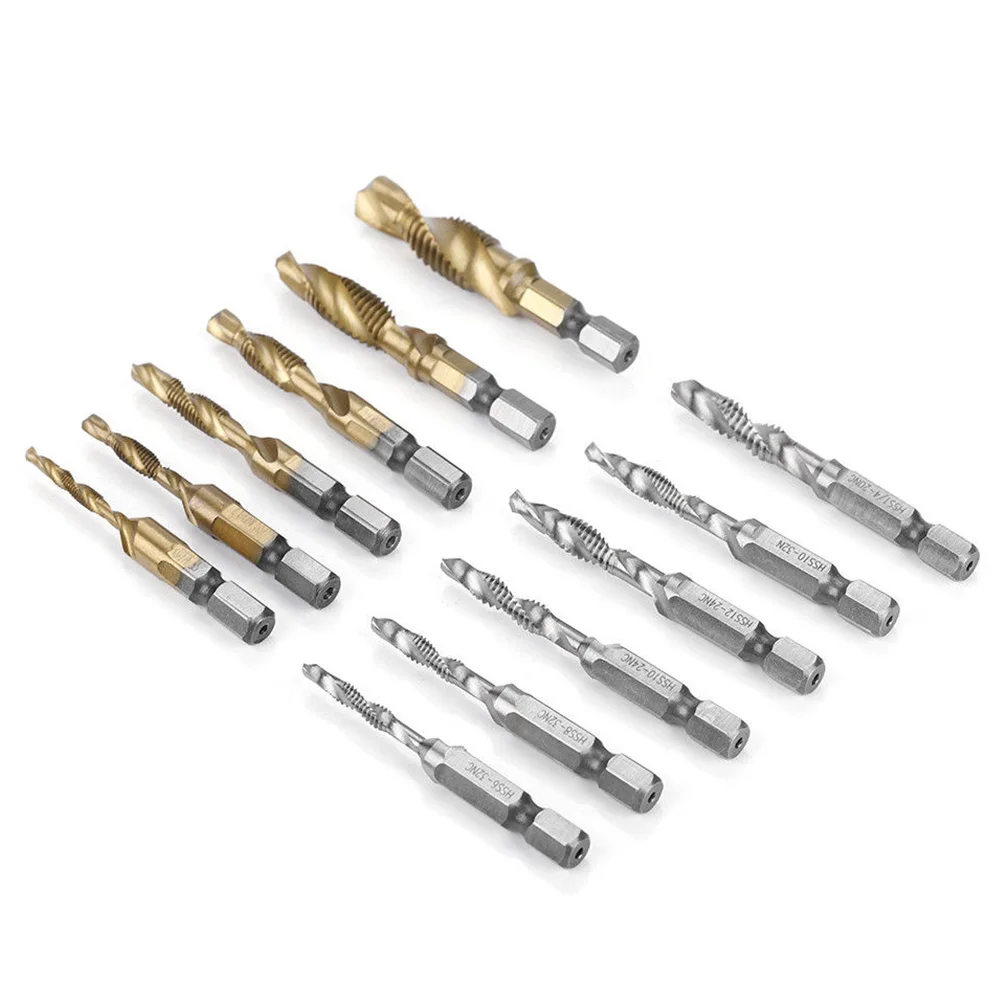 

12pcs Screw Drill Bits Rustproof Thread Tap Set HSS Lathe Tool Metric Inch -M10 Multifunctional Hex Shank Spiral High Hardness