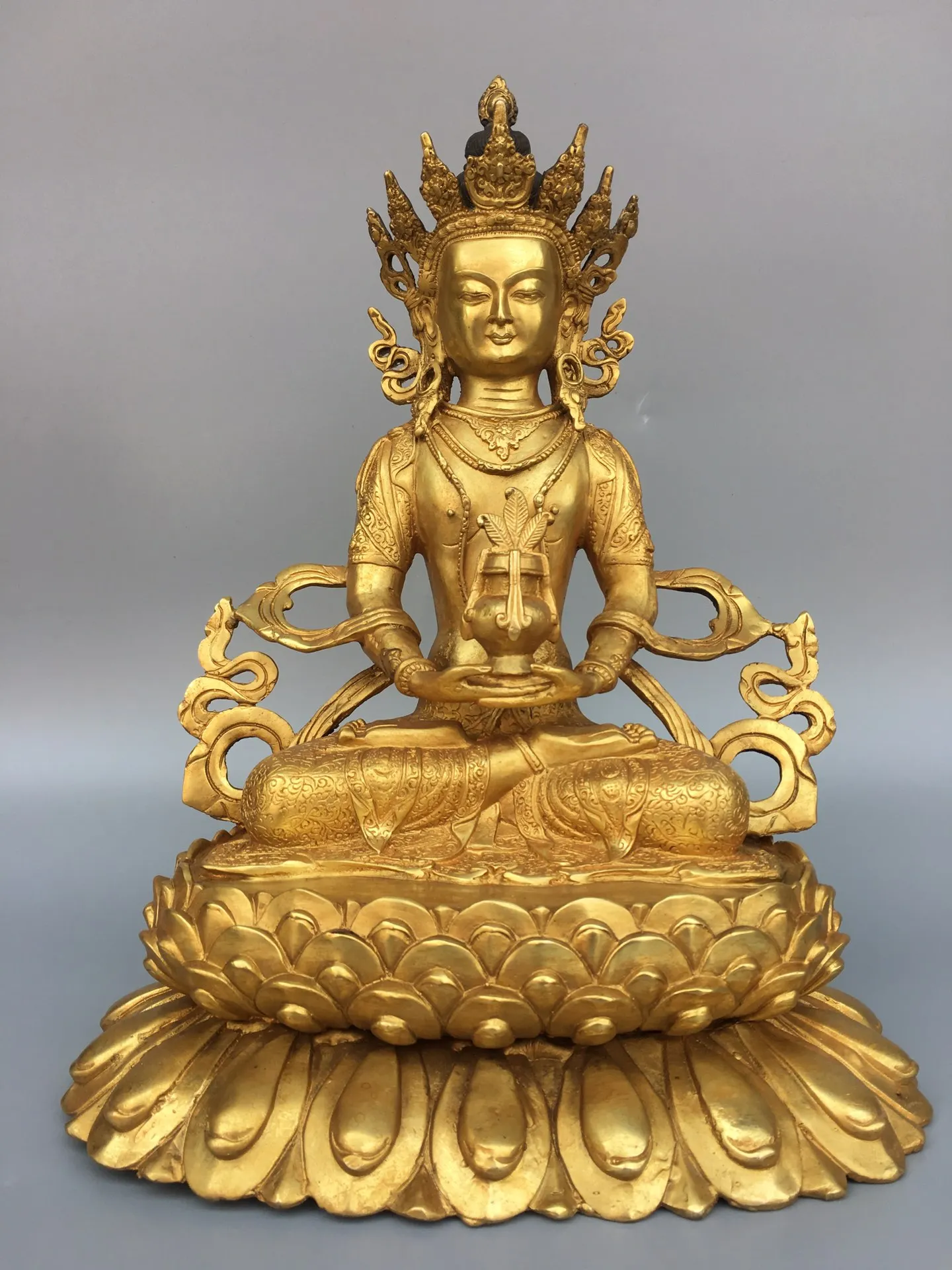 

13"Tibet Temple Collection Old Bronze Amitayus longevity Buddhism Double Lotus Platform Worship Hall Town house