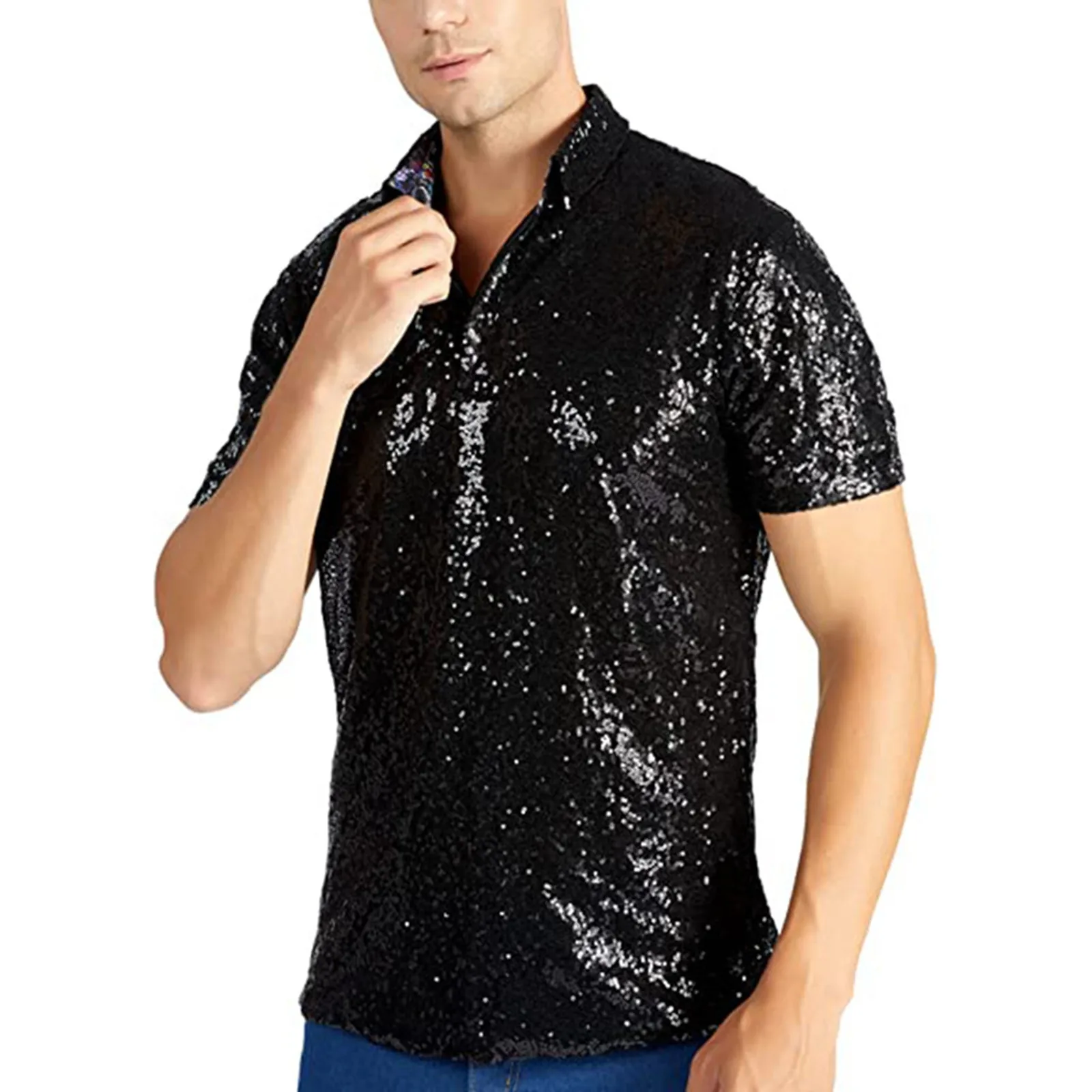 

Men's Relaxed Short Sleeve Turndown Sparkles Sequins Polos Shirts 70s Disco Nightclub Party T Shirts Mens Crotch Shirt