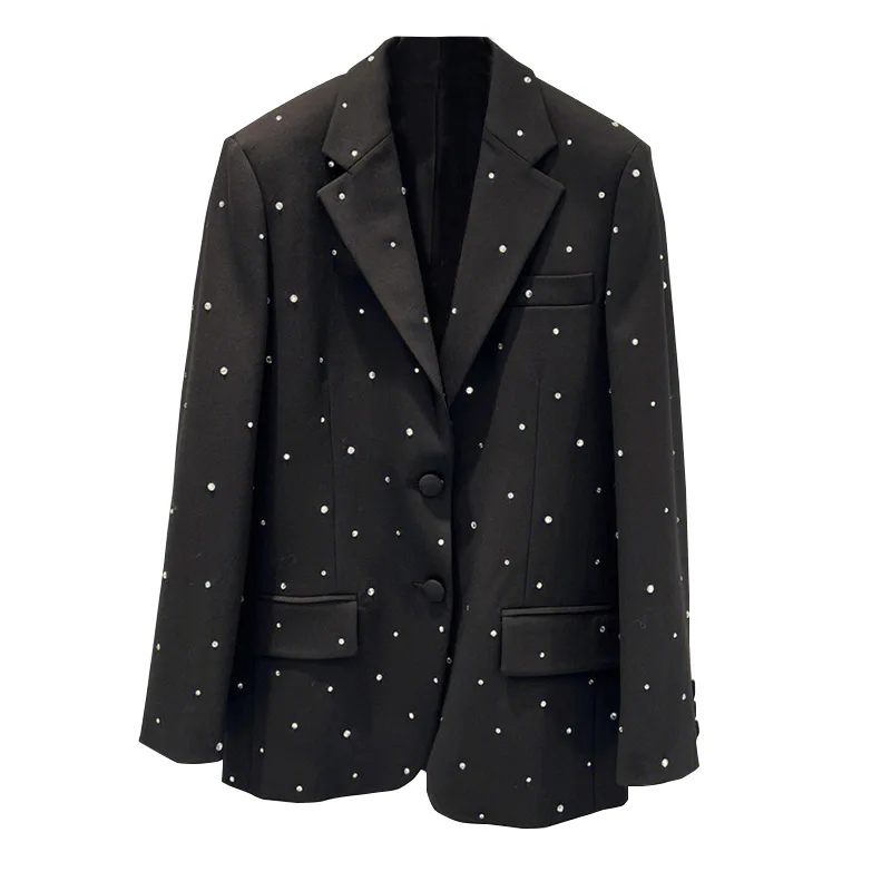 

Fashion Classic Trendy Luxury Designer Cloth Women Black Suit with Diamond Inlaid Senior Medium Long Coat