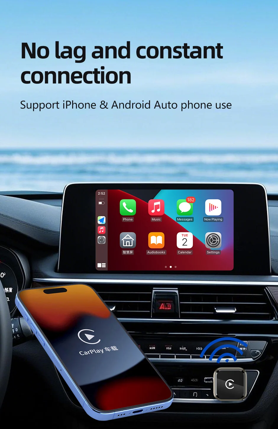 Фото 2 в 1 проводной-беспроводной адаптер CarPlay Plug & Plug с автоматическим подключением преобразует для проводных автомобилей, совместимый с iPhone и Android-черный №2