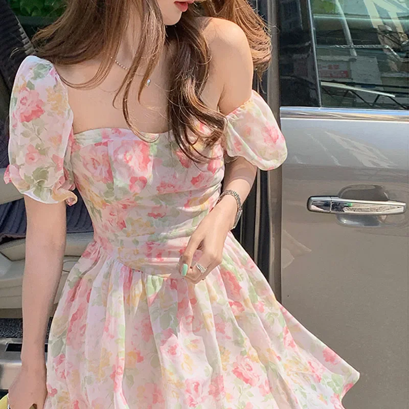 

Floral One Piece Dress Korean Elegant Casual Women's Dresses Party Puff Sleeve Vintage Beach Dresses Females Boho 2021 French