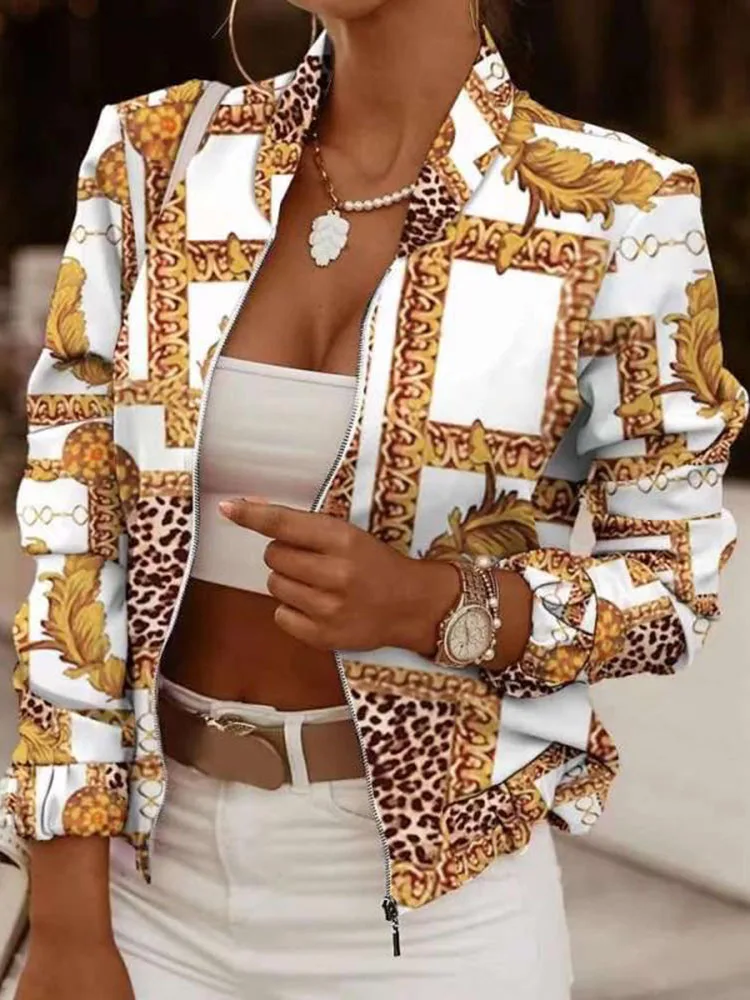 Women's Flower Print Long Sleeve Bomber Jacket Spring Autumn Fashion Casual Zipper Coat Tops Elegant Slim Ladies Jackets Coats