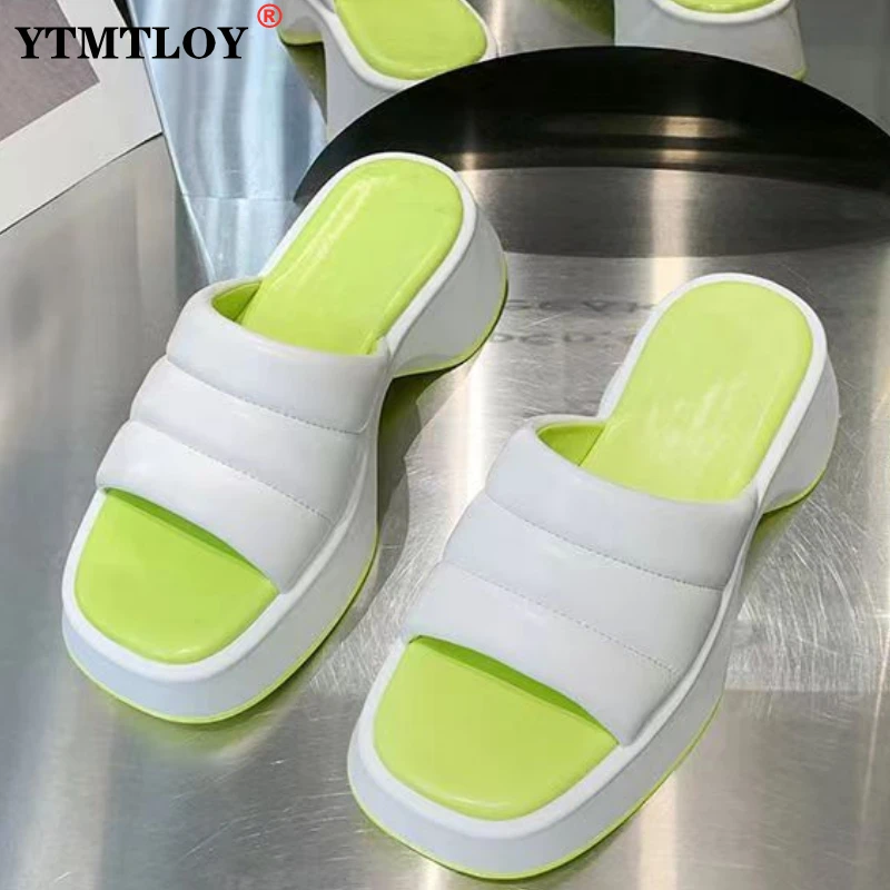 

New Women Sandals Square Toe Thick Bottom Platform Mixed Color Slip on Concise Ins Style Ladies Footwear Slippers Slides