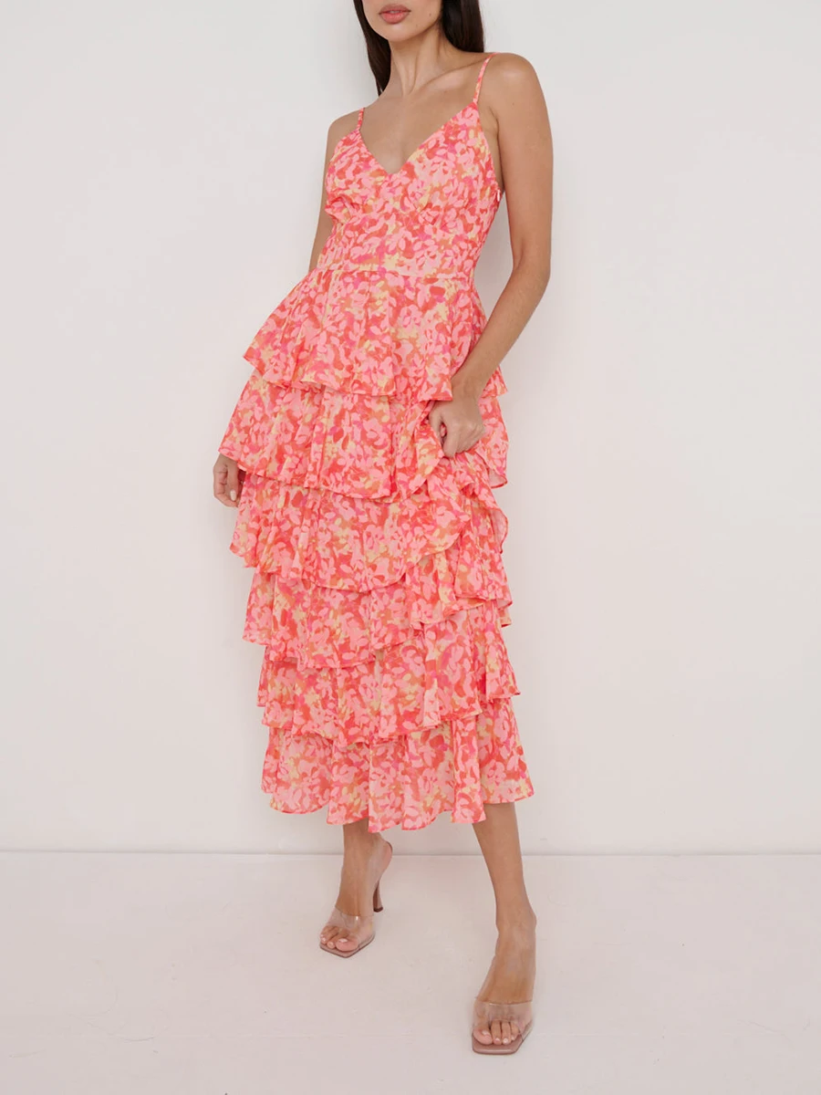 Women 2023 Floral Long Dress Tiered Ruffles Sleeveless Cami Dress Summer Casual Beach Party Midi Dress Streetwear (Pink S)