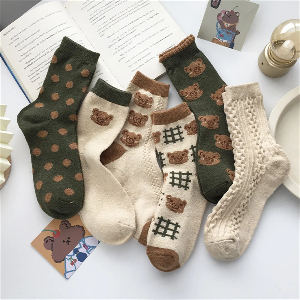 

Autumn Winter Stylee Ruffle Frilly Socks Women Cute Cartoon Bear Kawaii Lolita Solid Color Casual Ladies Knit Dress Ankle Sock