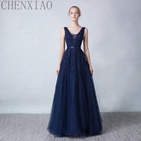 chenxiao elegant bridesmaid dresses navy lace beading v neck backless luxury wedding party dress graduation formal long gowns
