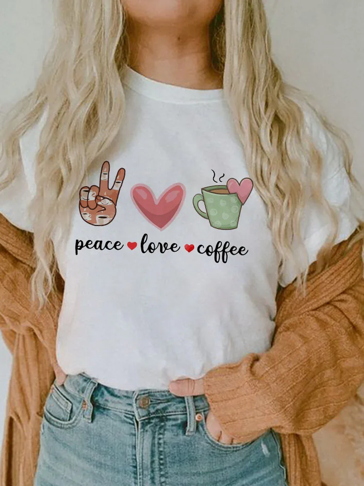 

Women T Shirt Peace Love Coffee Print Tshirt Women Fashion Pink Heart Tshirt Female Short Sleeve Graphic Tee Tops Casual T-Shirt