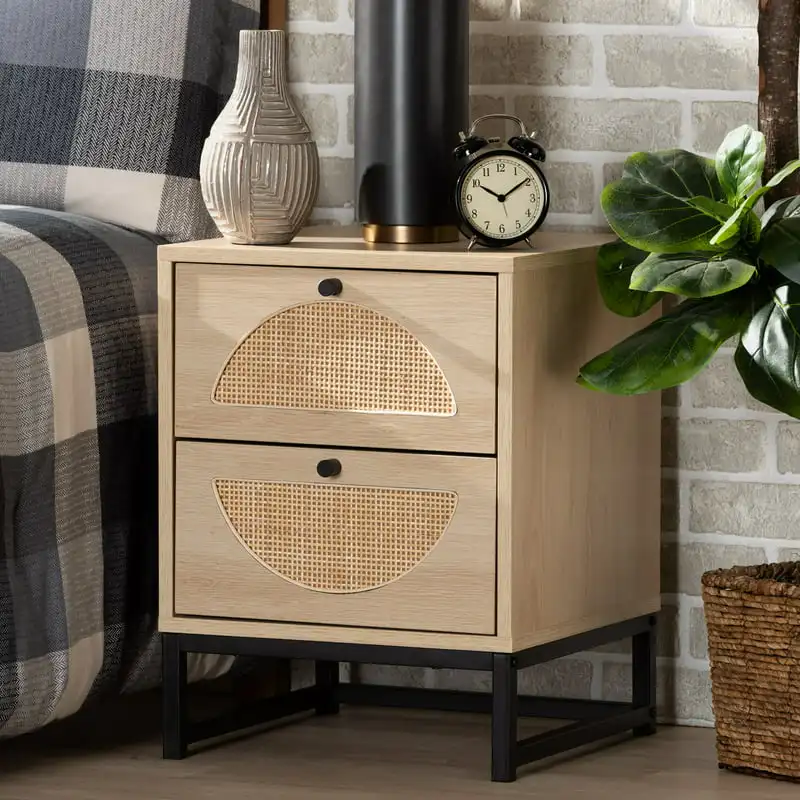 

Ardon Bohemian Light Brown Finished Wood and Black Metal 2-Drawer End Table with Natural Rattan Tea Table End Table For Office C
