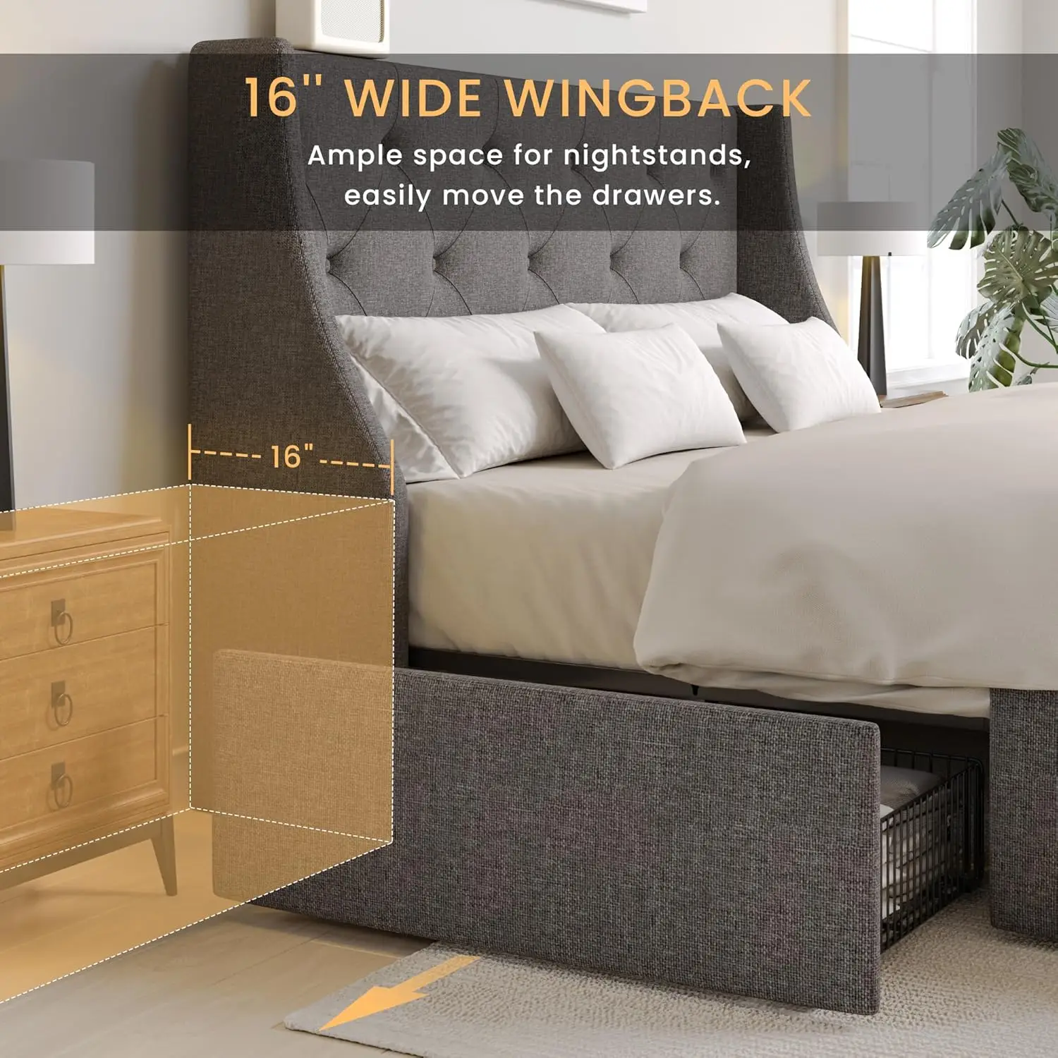 Мягкий каркас кровати размера queen-size на платформе с 4 ящиками для хранения и