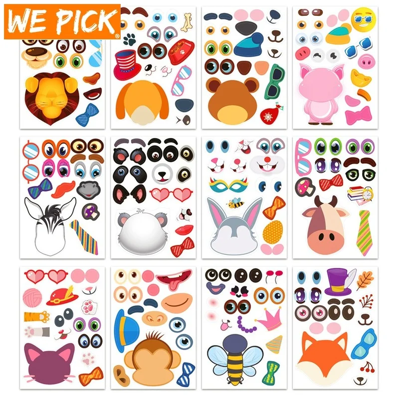 

24Sheets Children DIY Puzzle Sticker Games 12 Animals Face Funny Assemble Jigsaw Stickers Kids Educational Toys Boys Girls Gifts