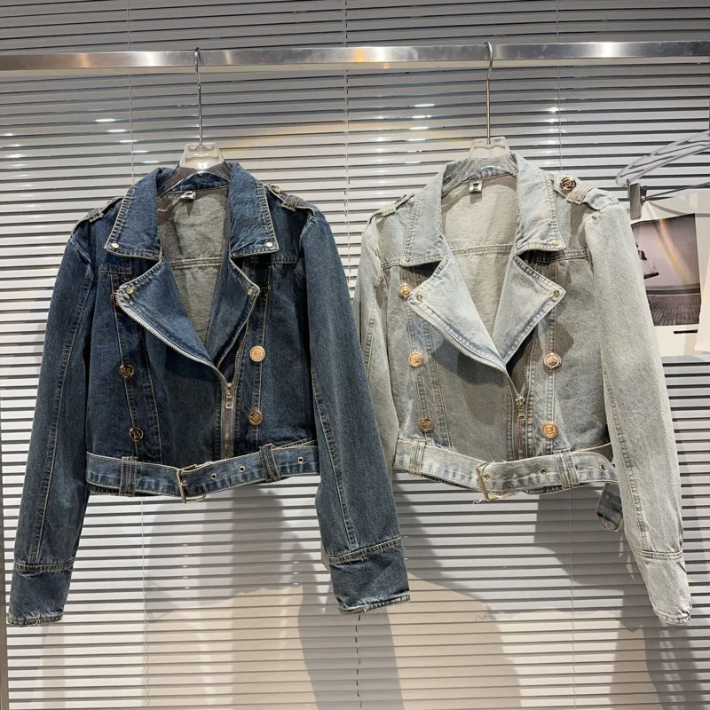 

PREPOMP 2023 Autumn New Collection Long Sleeve Skew Zipper Double Breasted Buttons Blue Denim Jacket Women Coat Belt GK948
