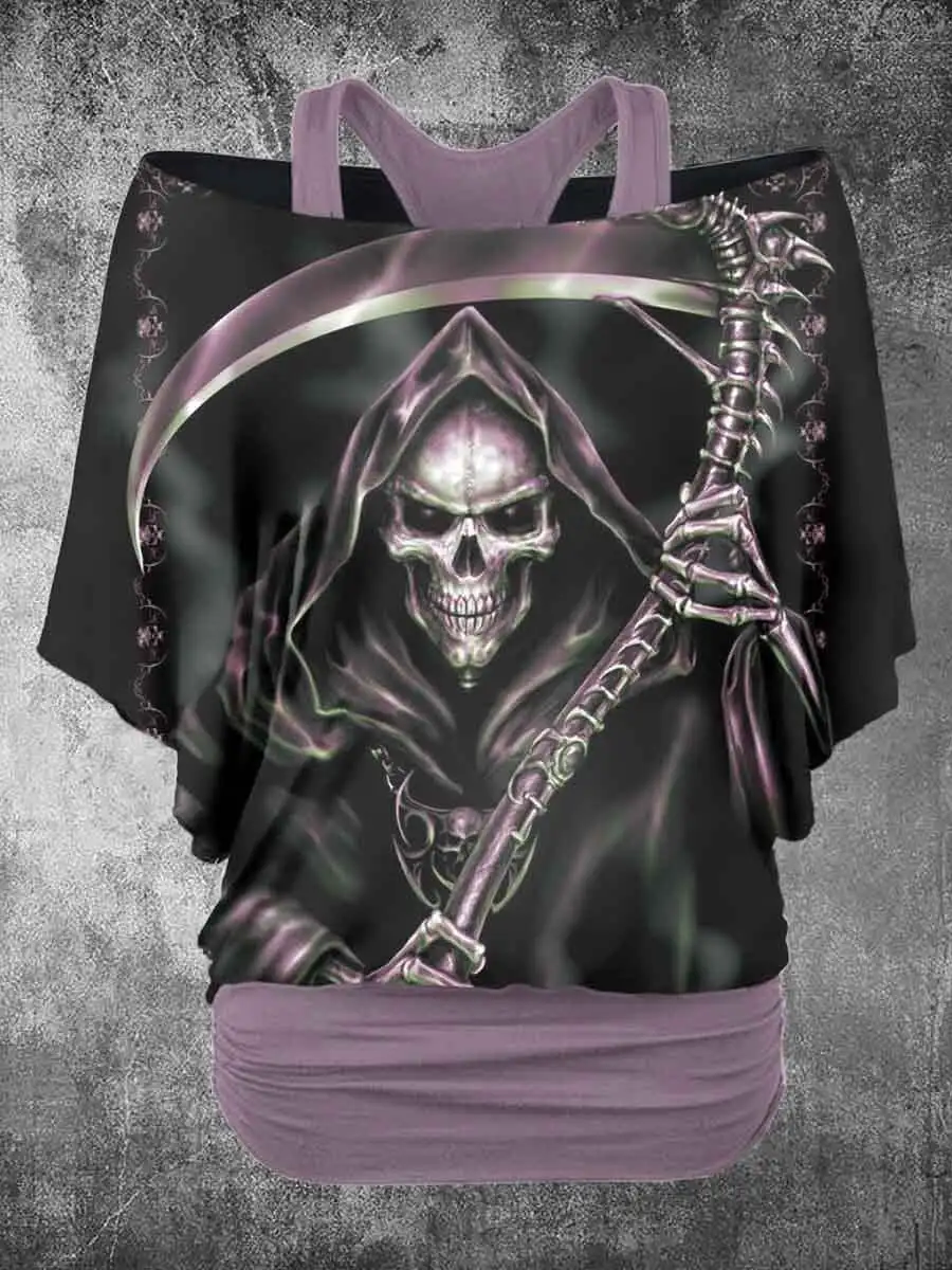 

Women's Vintage Grim Reaper Skull Printed Two Piece Top