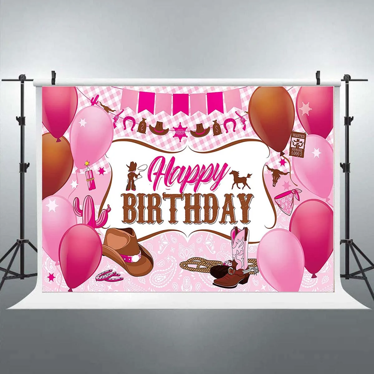 

Western Theme Cowgirl Birthday Party Table Banner Pink Backdrop Wild West Cowboy Photo Booth Photography Background for Girls