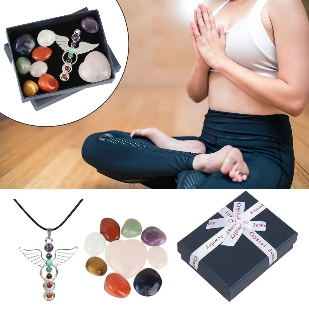 Камень кварцевый для домашнего декора, лечебный камень с минеральной энергией, комплект из Семь камней-чакр, ожерелье с ангелом, сердце, роз...