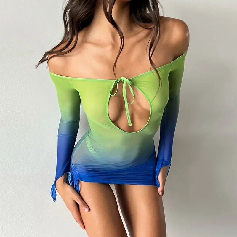 

Off Shoulder Tie Front Mini Dresses Summer Elegant Outfits Women Sexy Mesh Gradient Backless Dress Party Clubwear Summer Dress