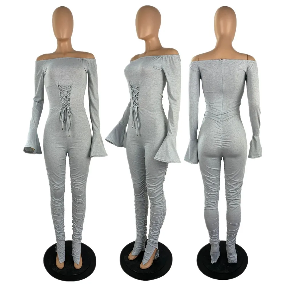 Black Flared Sleeve Jumpsuit One Line Neck Sexy Rompers Grey Slim Bodysuit Strap Slit Trousers African Casual Womens Summer 2022