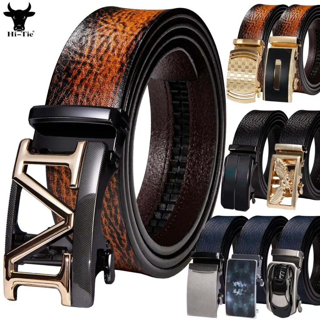 Hi-Tie 3.5cm Width Mens Belts Brown Blue Tan Real Leather Ratchet Waistband Automatic Buckles Belt for Men Business Wedding Gift