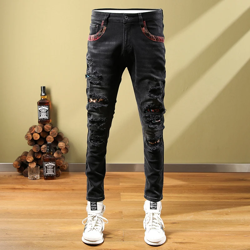Street Fashion Men Jeans Retro Black Gray Elastic Stretch Slim Fit Ripped Jeans Men Painted Designer Multi Pockets Hip Hop Pants