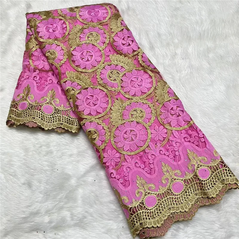 

5 Yard Newest French Mesh Lace High Quality African Tulle Cord Shredded milk Embroidered Lace Fabric With Gold Thread Material