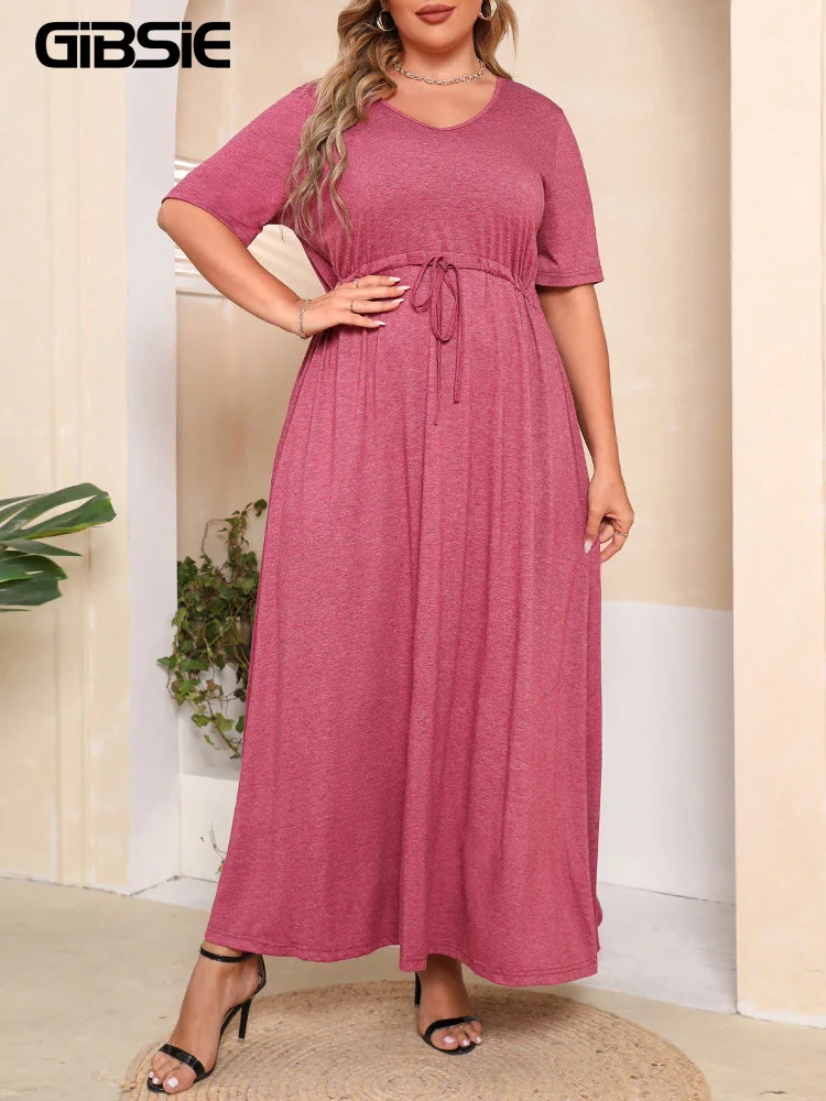 

GIBSIE Plus Size Solid Knot Front Summer A-Line Dresses Women Fashion V Neck Short Sleeve Ladies High Waist Casual Long Dress