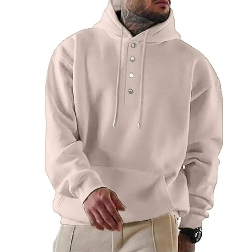 

Winter Hoodie Solid Color Half Single-breasted Men's Hoodie Warm Stylish Pullover with Drawstring Button Decor Hooded Sweatshirt