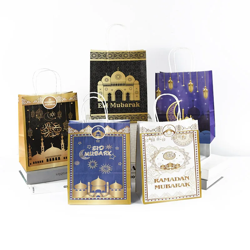 

5pcs Eid Mubarak Kraft Paper Bag Ramadan Colorful Golden Black Memorial Gift Tote Bag Muslim Islamic Party Supplies Home Decor