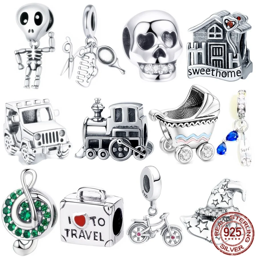 

New Silver 925 Skeleton Man SUV Charm Bead Sparkling Surfboard Blue Sunglasses Pendant Fit Original Pandora Bracelet DIY Jewelry