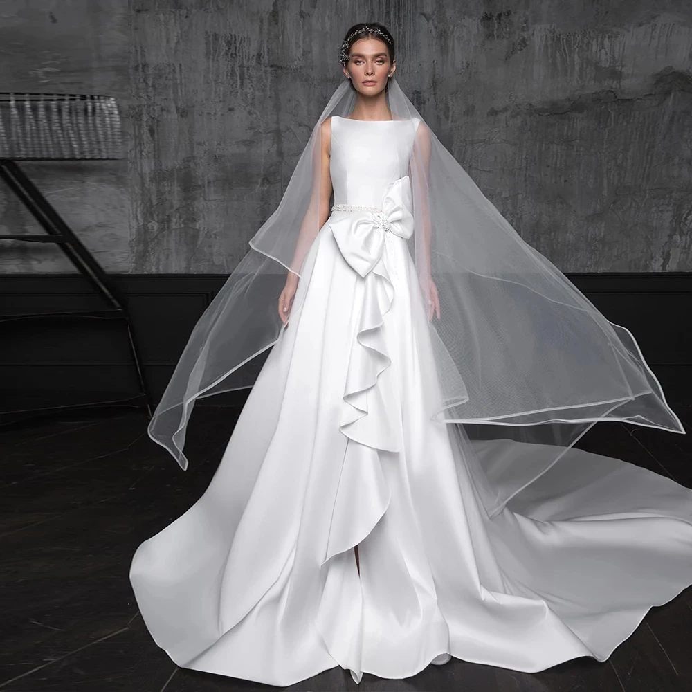 

LUOJO Wedding Dress Gorgeous O-neck Sleeveless Open Back With Detachable Bow Chapel Train A-line Gowns Beading Vestido De Novia
