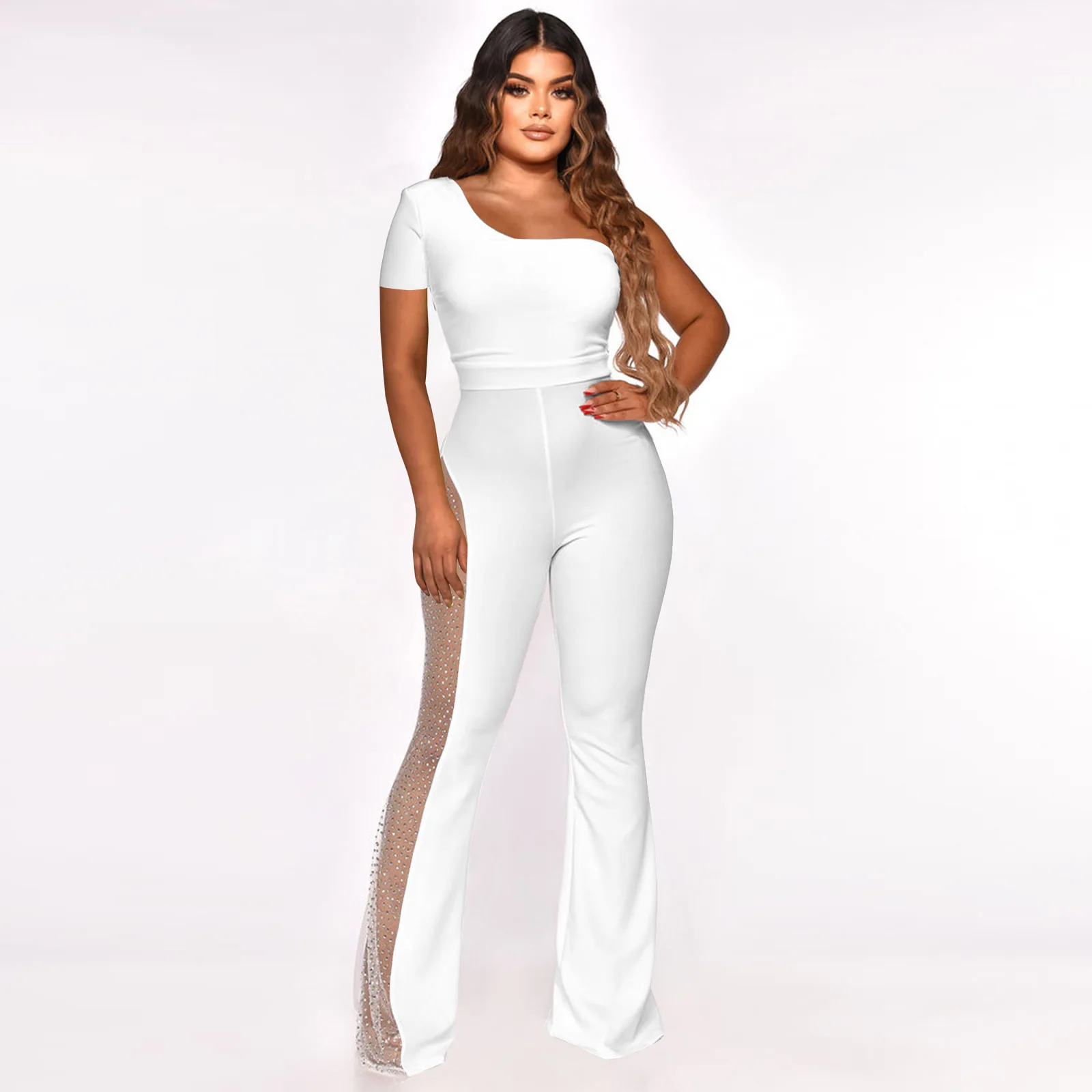 MUDAN Women Short Sleeve One Shoulder Diamonds Mesh Patchwork Straight Wide Leg Jumpsuit 2023 Sexy Playsuit One Piece Set