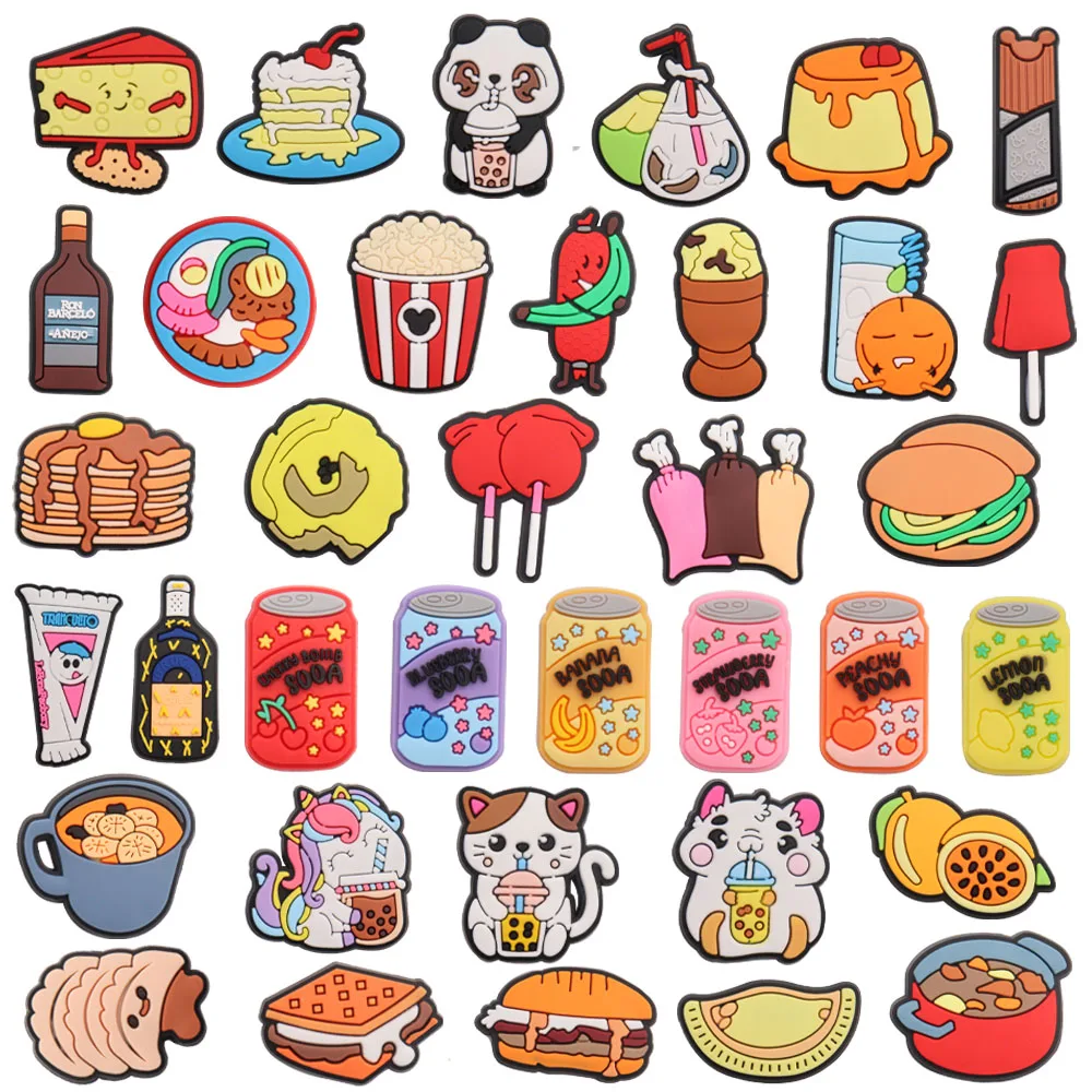 

Оптовая продажа, 50 шт., подвески из ПВХ, Кроксы, чизкейк, панда, пудинг, попкорн, колбасы, маффины, конфеты, напитки, сандалии, украшение обуви