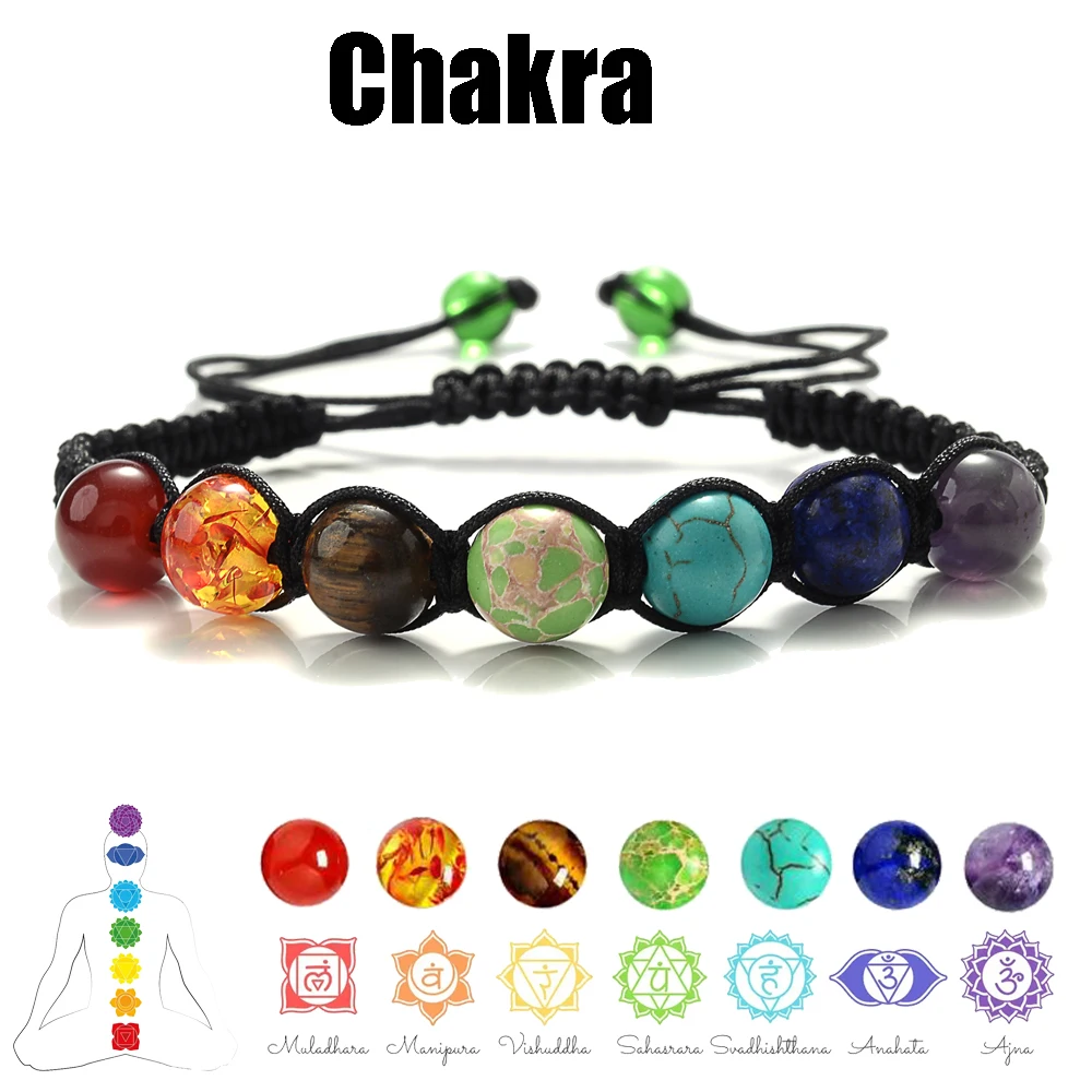 7 Chakra Natural Stone Beads Bracelet for Women Black Rope Braided Yoga Reiki Healing Balance Bracelets Bangles Meditation Gift