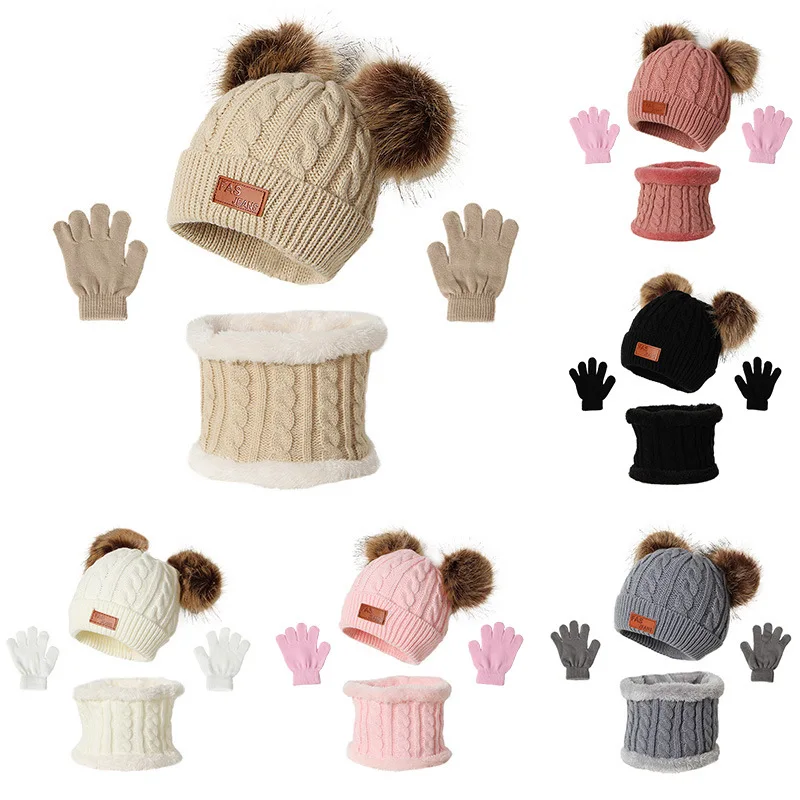 

3pcs/Set Cute Children Hat Scarf Gloves Suit Set Beanie Cap Baby Hats Girls Fake Ball Pompon Plush Warm Winter Knitted Skullies