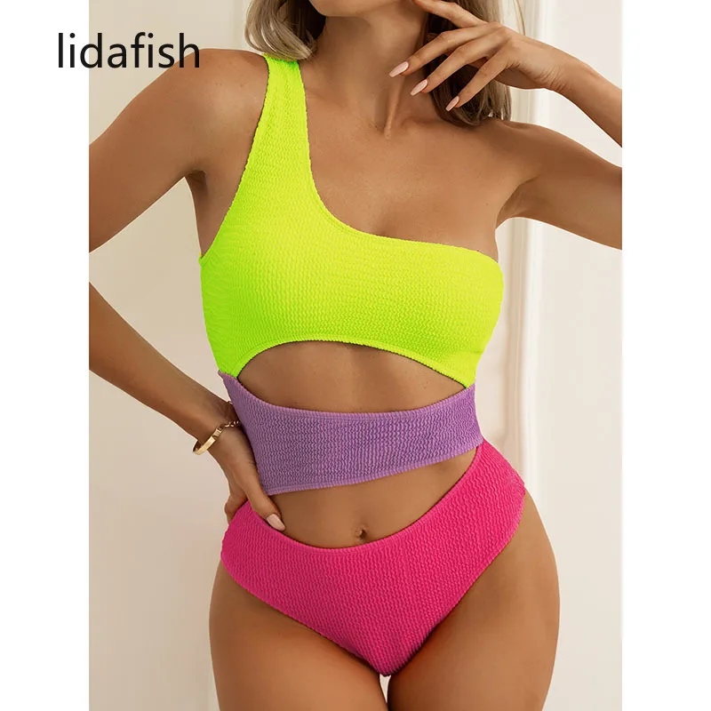 lidafish 2022 New One Shoulder One Piece Swimsuit Sexy Cut Out Textured Women Swimwear Fashion Patchwork Bathing Suit Beachwear