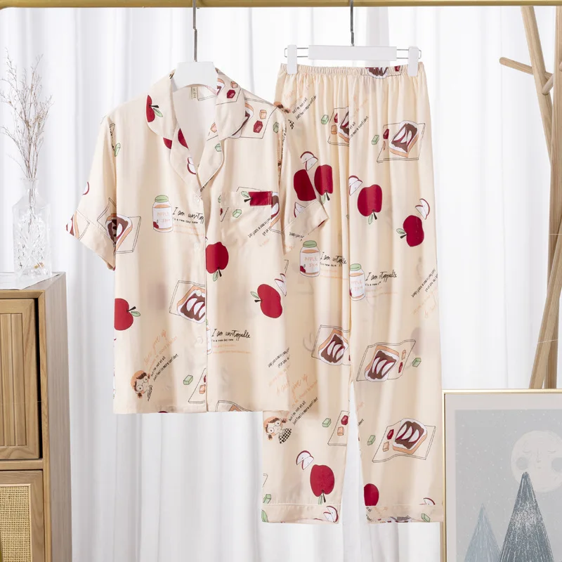 Fdfklak 2Pcs Women's Pajamas Sets Woman Pyjama Suit Summer Lapel Design Short Sleeve Trousers Set Home Clothes Floral Print