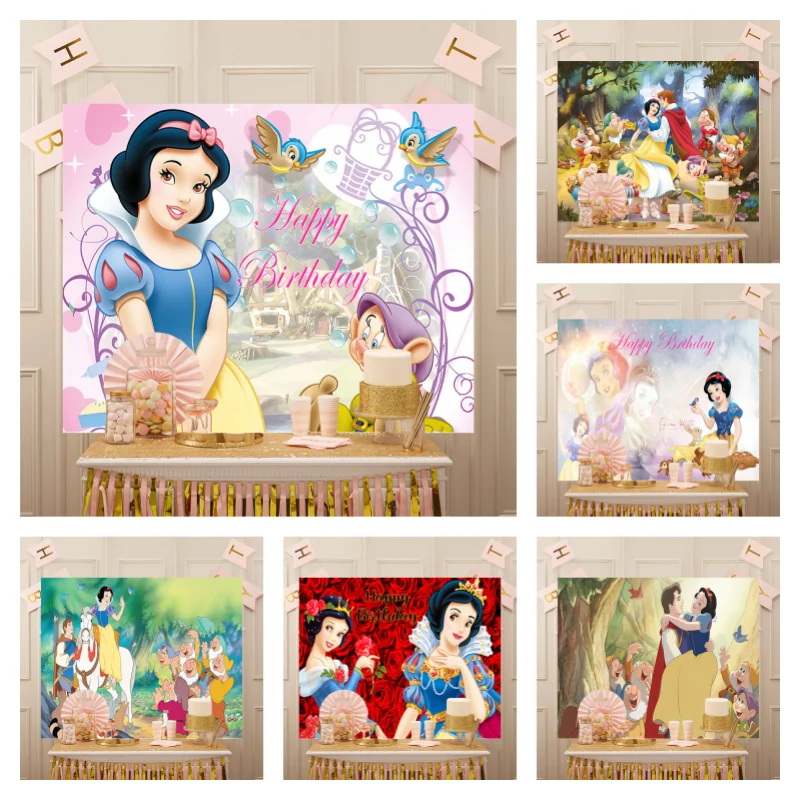 

Disney Party Backdrop Snow White and The Seven Dwarfs Princess Red Apple Background for Girl First Birthday Princess Backdrops