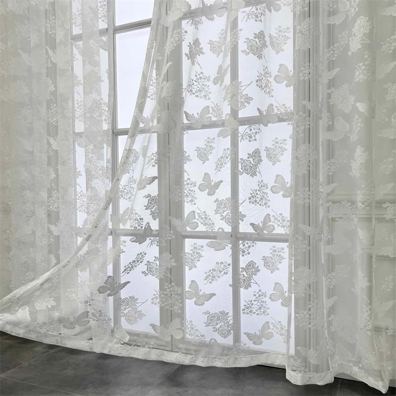 

French Romantic White Lace Velvet Butterfly Embroidery Sheer Tulle Living Room Curtains For Bedroom Balcony Window Voile Drapes