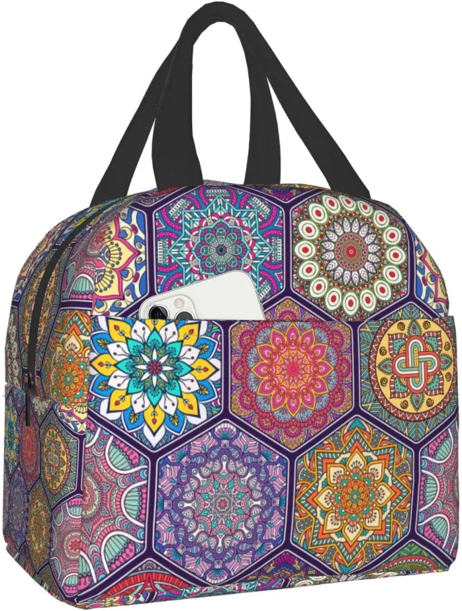

Colorful Mandala Flower Graphics Pattern Lunch Bags For Women Portable Cooler Tote Bag Large Reusable Insulated Lunch Box Work