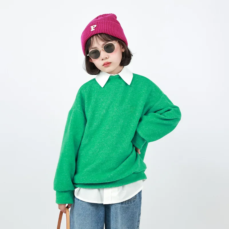 

Girls Knit Sweater Autumn 2022 Long Sleeve O-neck Casual Pullovers Tops for Kids Green Fashion All-match Teen Children Sweater