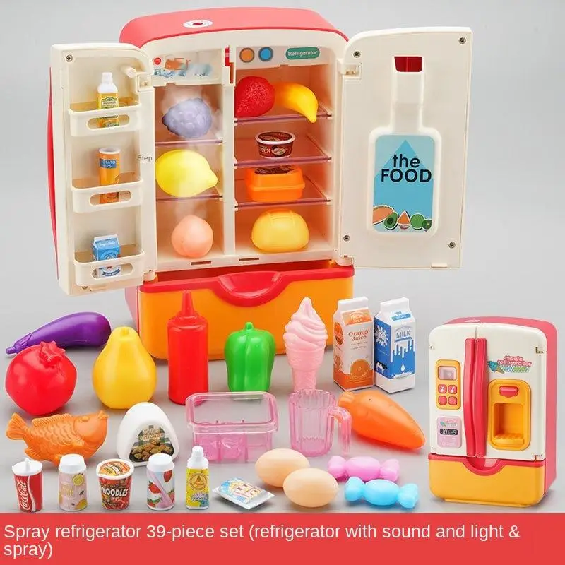 

New Kitchen Fridge Toys Refrigerator Freezer With Ice Maker For Kids Spray Dispenser Toy Food Pretend Kitchen Set Accessories