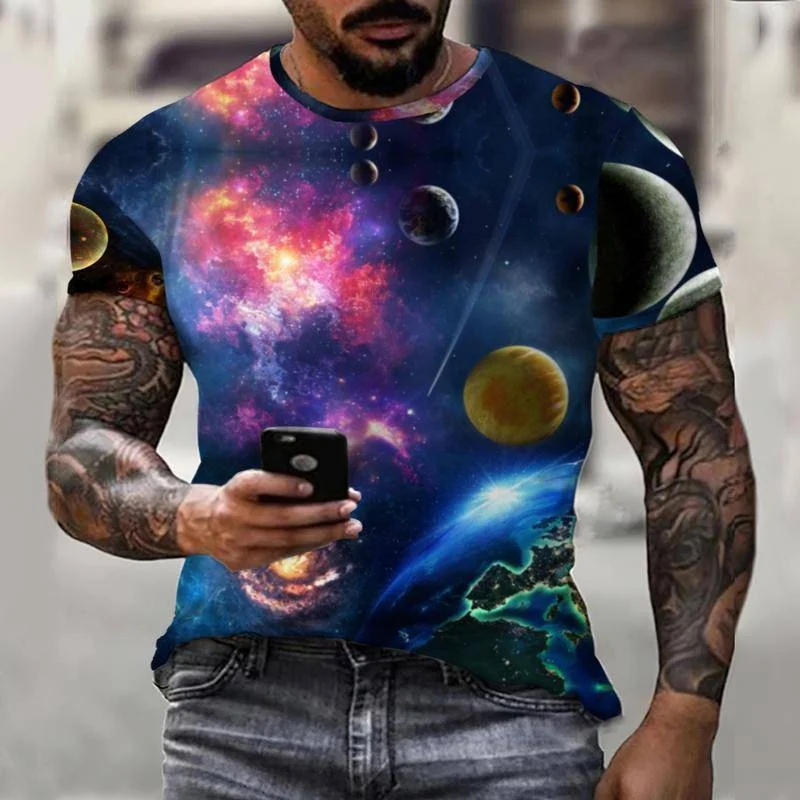 

Universe Planet World Universe Space 3D Printing Men's New Summer T-shirt Short Sleeve Top Fun Personality Cool Streetwear