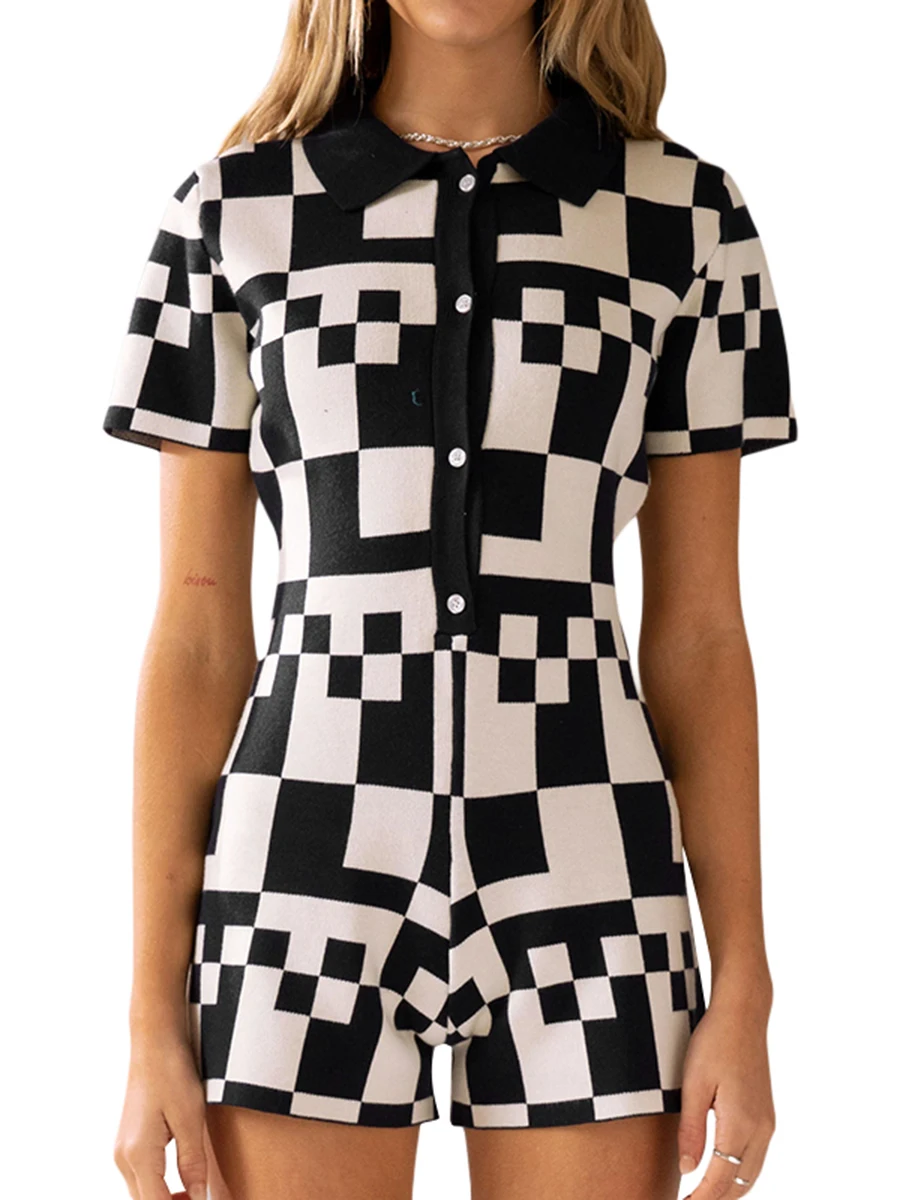 

Women Plaid Knit Playsuit Summer Casual Short Sleeve Shorts Jumpsuit Clubwear Streetwear