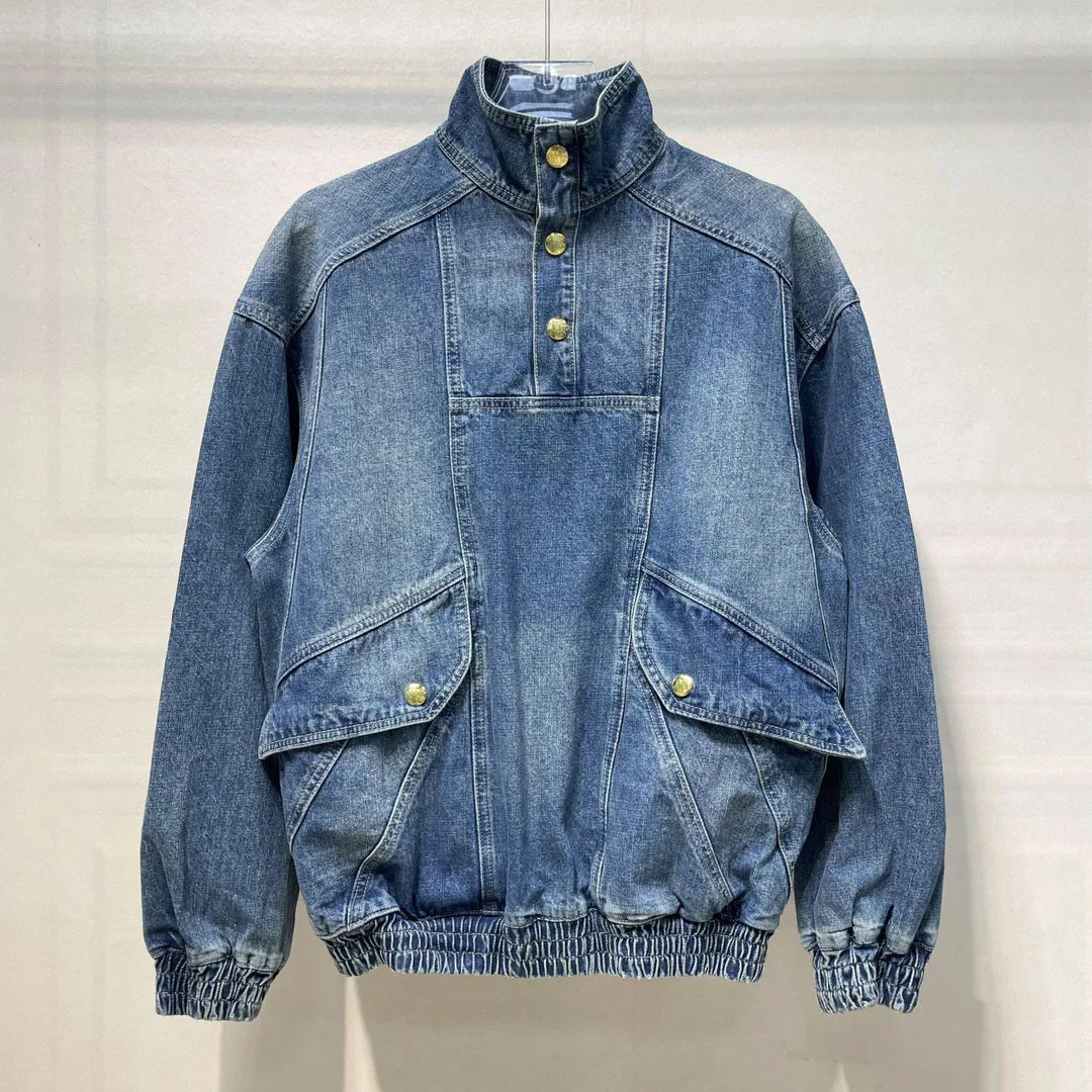 

Джинсовая куртка на пуговицах с высоким воротником и эластичной завязкой на талии, Повседневная мода, Новинка лета 2023, 0417