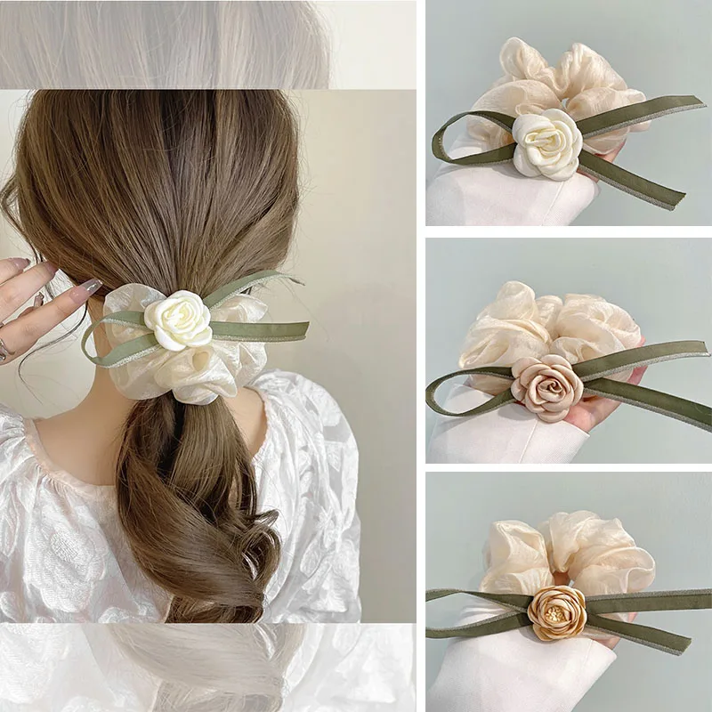 

French Classic Camellia Hair Rope Spring Summer Scrunchies Ladies Large Intestine Hair Ring Gentle Temperament Flower Hair Tie