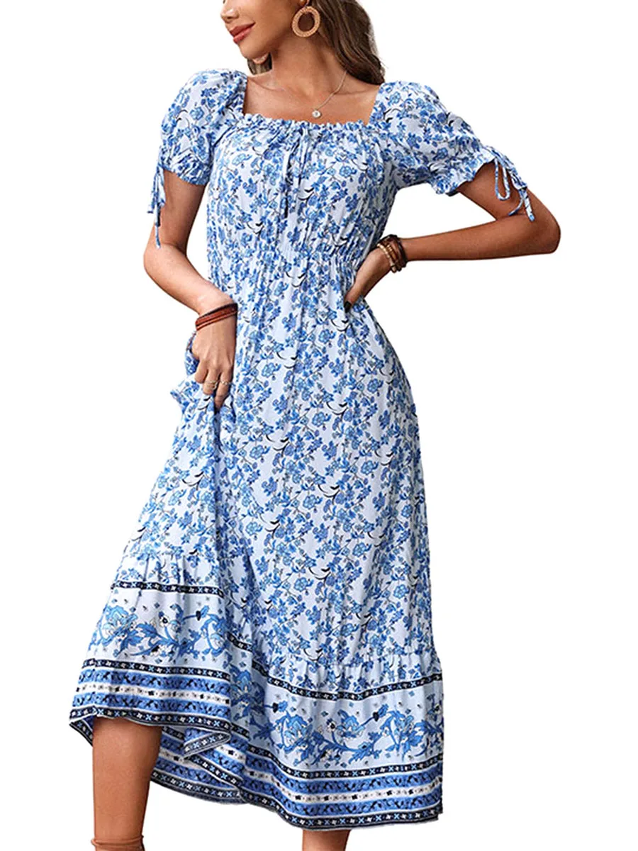 

Womens Casual Summer Off Shoulder Boho Swing Floral A-line Ruffle Dress High Waist Short Sleeve Beach Midi Dress