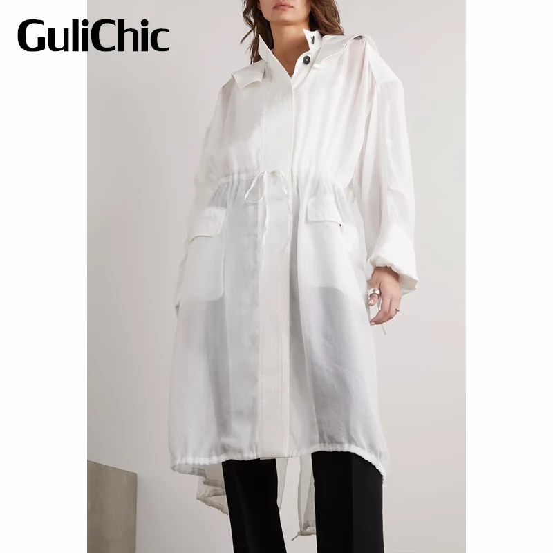 

6.29 GuliChic Women Runway Casual White Hooded Drawstring Collect Waist Pocket Thin Sun Protection Long Jacket