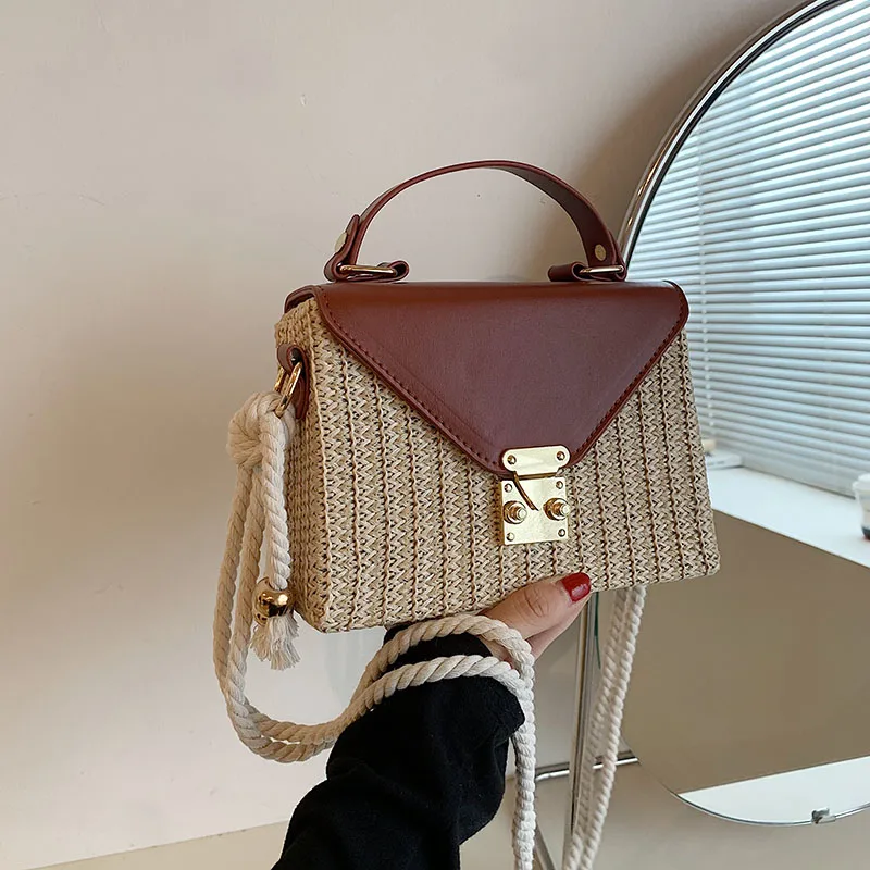 

Женская Соломенная кожаная сумка-бокс, дизайнерская женская летняя пляжная сумка через плечо с ремешком на шнурке