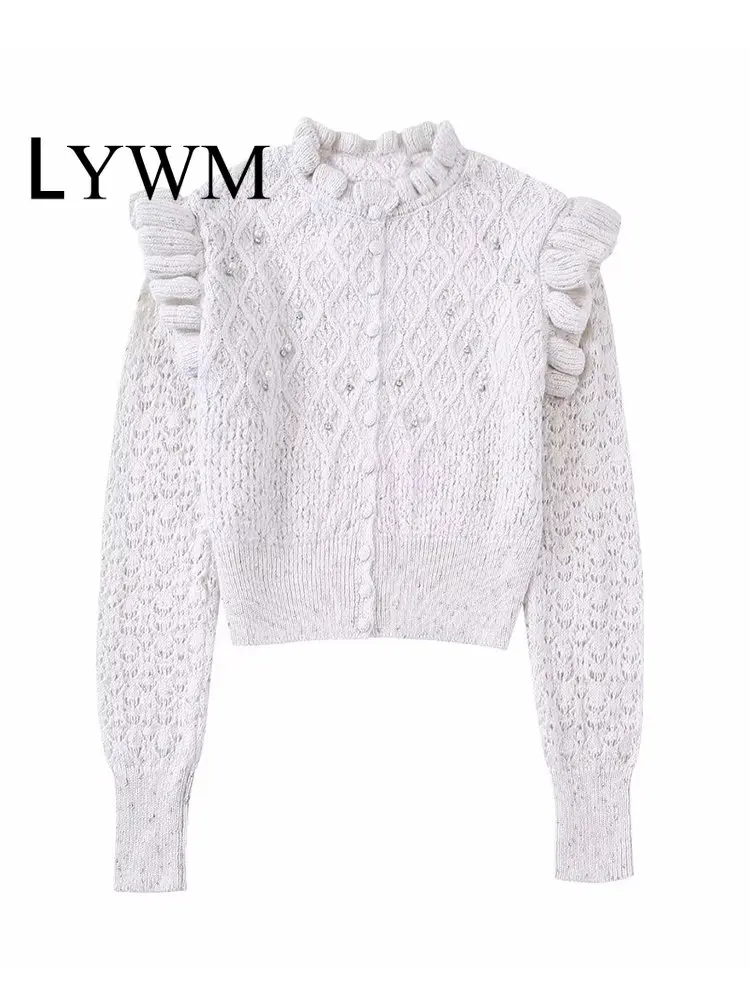 

LYWM Women Fashion With Beading Solid Ruffled Single Breasted Cardigan Sweater Vintage Long Sleeves O-Neck Female Chic Tops